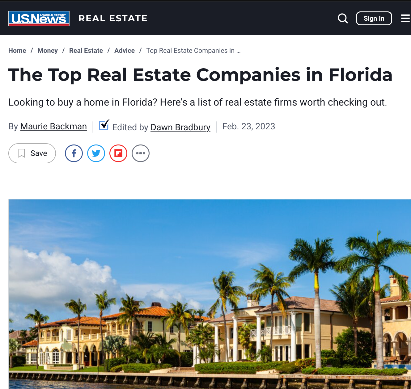 Wemert Group Realty was honored to be included in US News & World Report's Top Real Estate Companies in Florida article