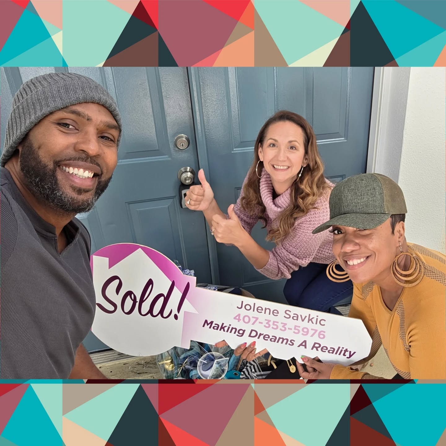 Jolene Savkic of Wemert Group Realty celebrates a successful closing day with happy clients in Central Florida, holding a sold sign in front of their new home.